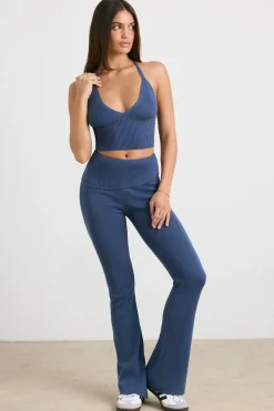 Oh Polly Petite^Petite Chunky Knit Kick Flare Trousers in Washed Navy WashedNavy