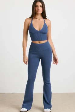 Oh Polly Petite^Petite Chunky Knit Kick Flare Trousers in Washed Navy WashedNavy