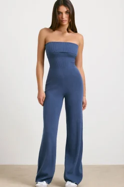 Oh Polly Petite^Petite Chunky Knit Kick Flare Unitard in Washed Navy WashedNavy