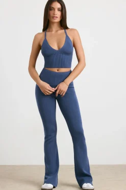 Oh Polly Petite^Petite Chunky Knit Kick Flare Trousers in Washed Navy WashedNavy