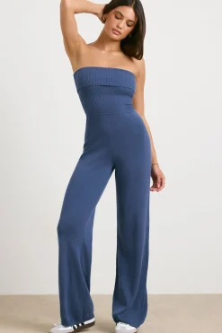 Oh Polly Petite^Petite Chunky Knit Kick Flare Unitard in Washed Navy WashedNavy