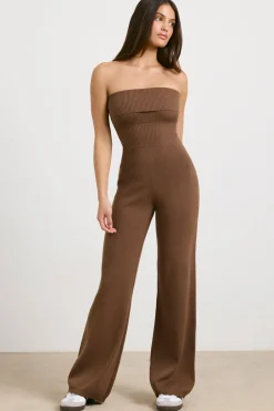 Oh Polly Petite^Petite Chunky Knit Kick Flare Unitard in Espresso