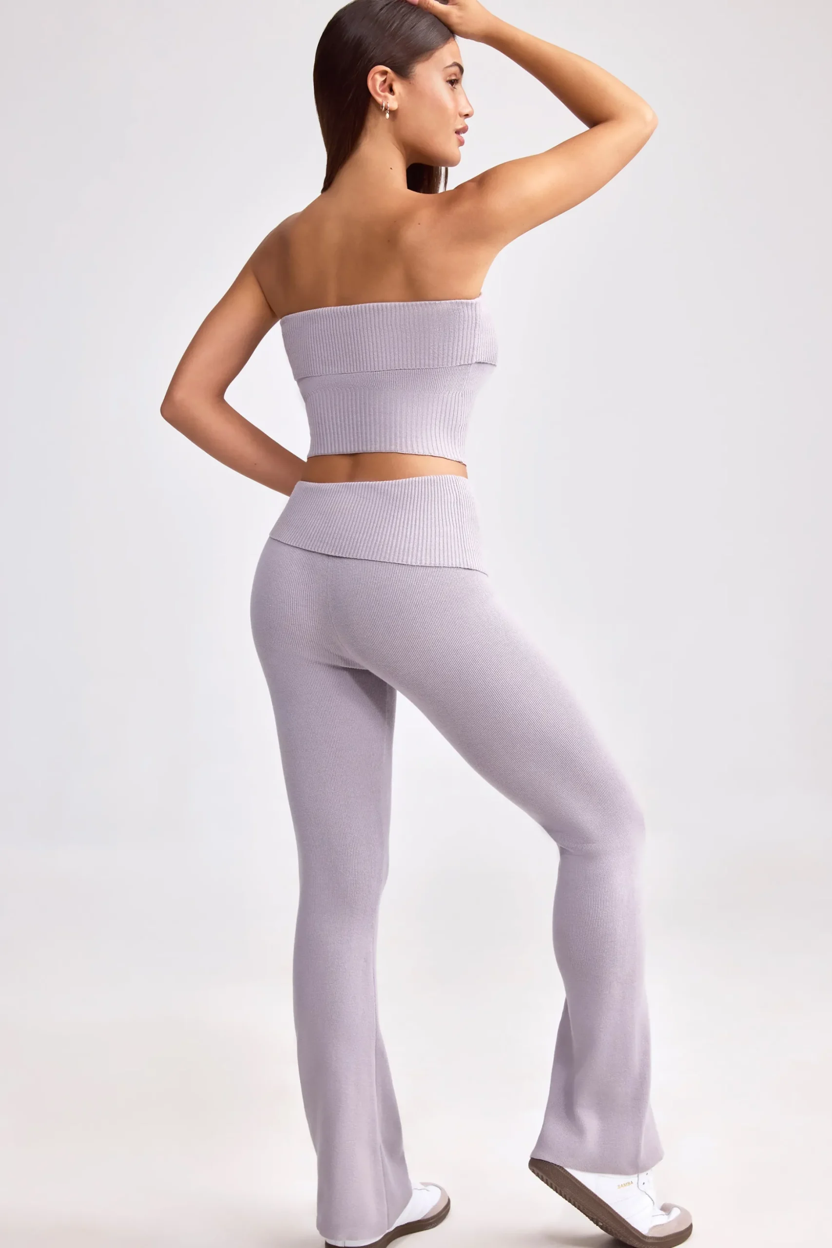 Oh Polly Petite^Petite Fold Over Kick Flare Chunky Knit Trousers in Dusty Lavender DustyLavender