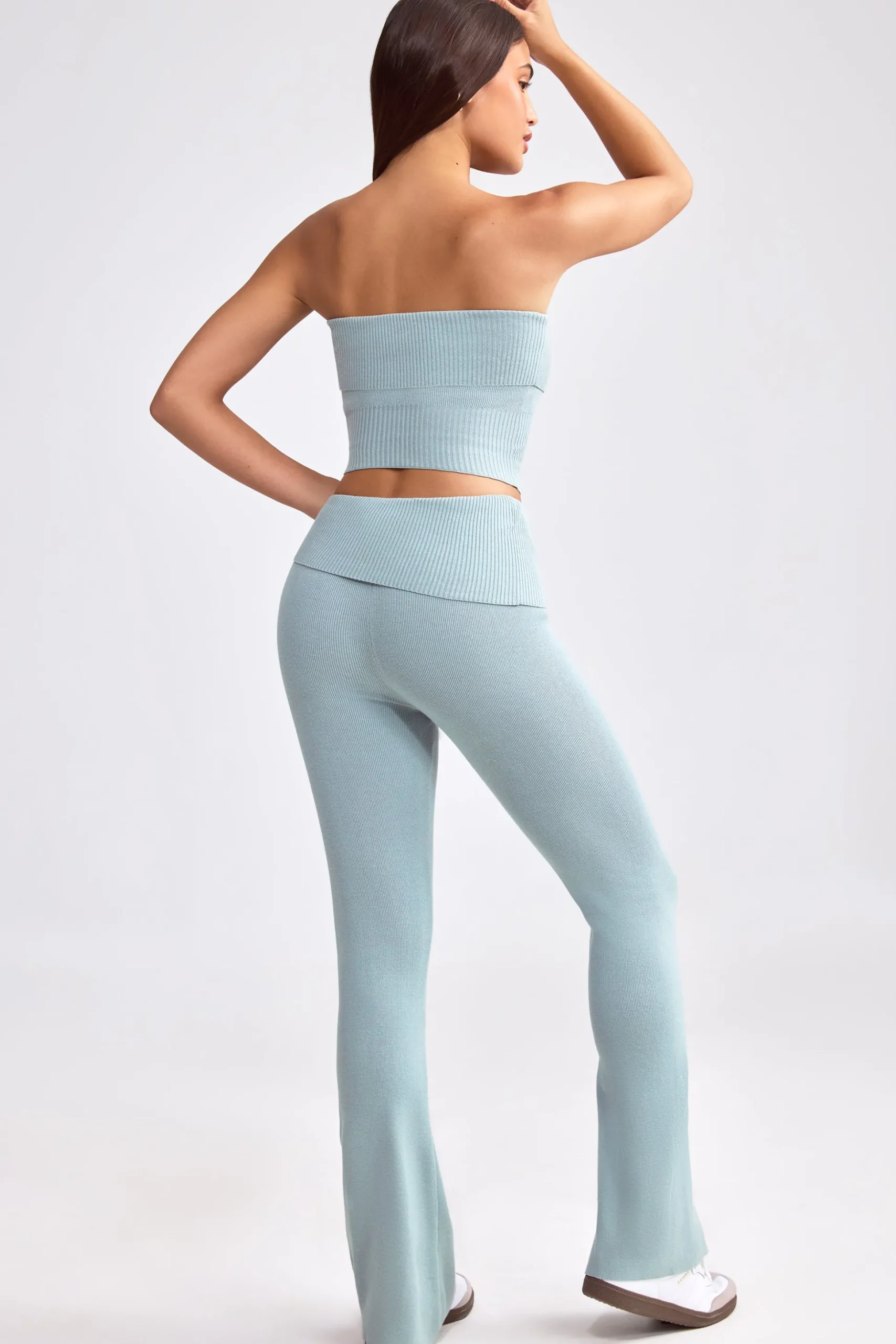 Oh Polly Petite^Petite Fold Over Kick Flare Chunky Knit Trousers in Dusty Teal DustyTeal
