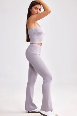 Oh Polly Petite^Petite Fold Over Kick Flare Chunky Knit Trousers in Dusty Lavender DustyLavender