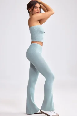 Oh Polly Petite^Petite Fold Over Kick Flare Chunky Knit Trousers in Dusty Teal DustyTeal