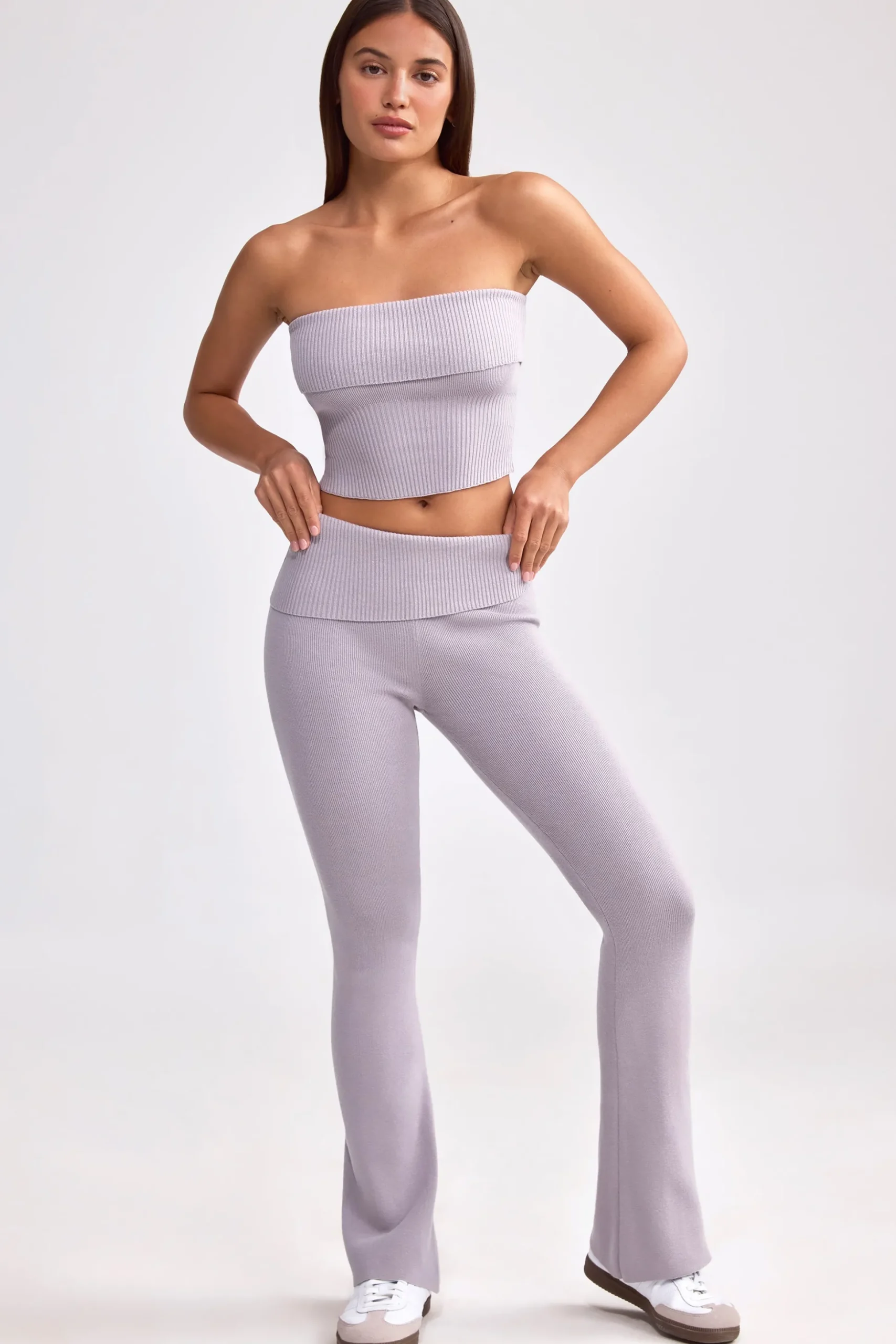 Oh Polly Petite^Petite Fold Over Kick Flare Chunky Knit Trousers in Dusty Lavender DustyLavender
