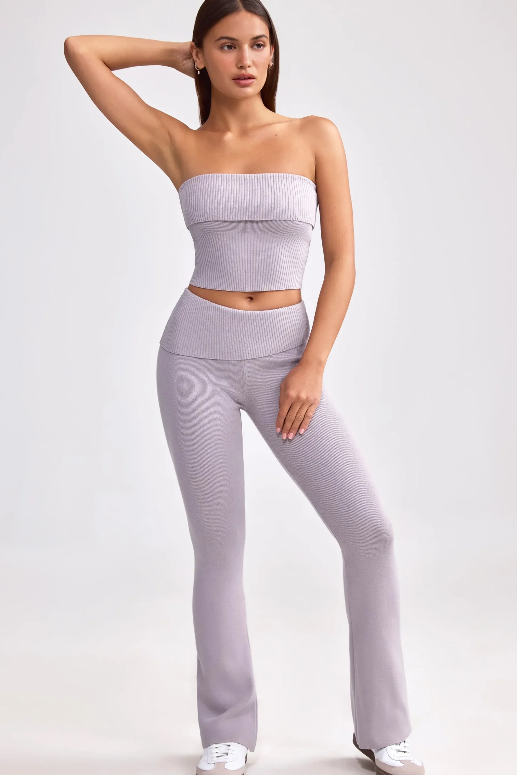 Oh Polly Petite^Petite Fold Over Kick Flare Chunky Knit Trousers in Dusty Lavender DustyLavender