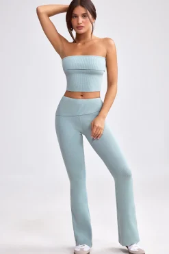 Oh Polly Petite^Petite Fold Over Kick Flare Chunky Knit Trousers in Dusty Teal DustyTeal