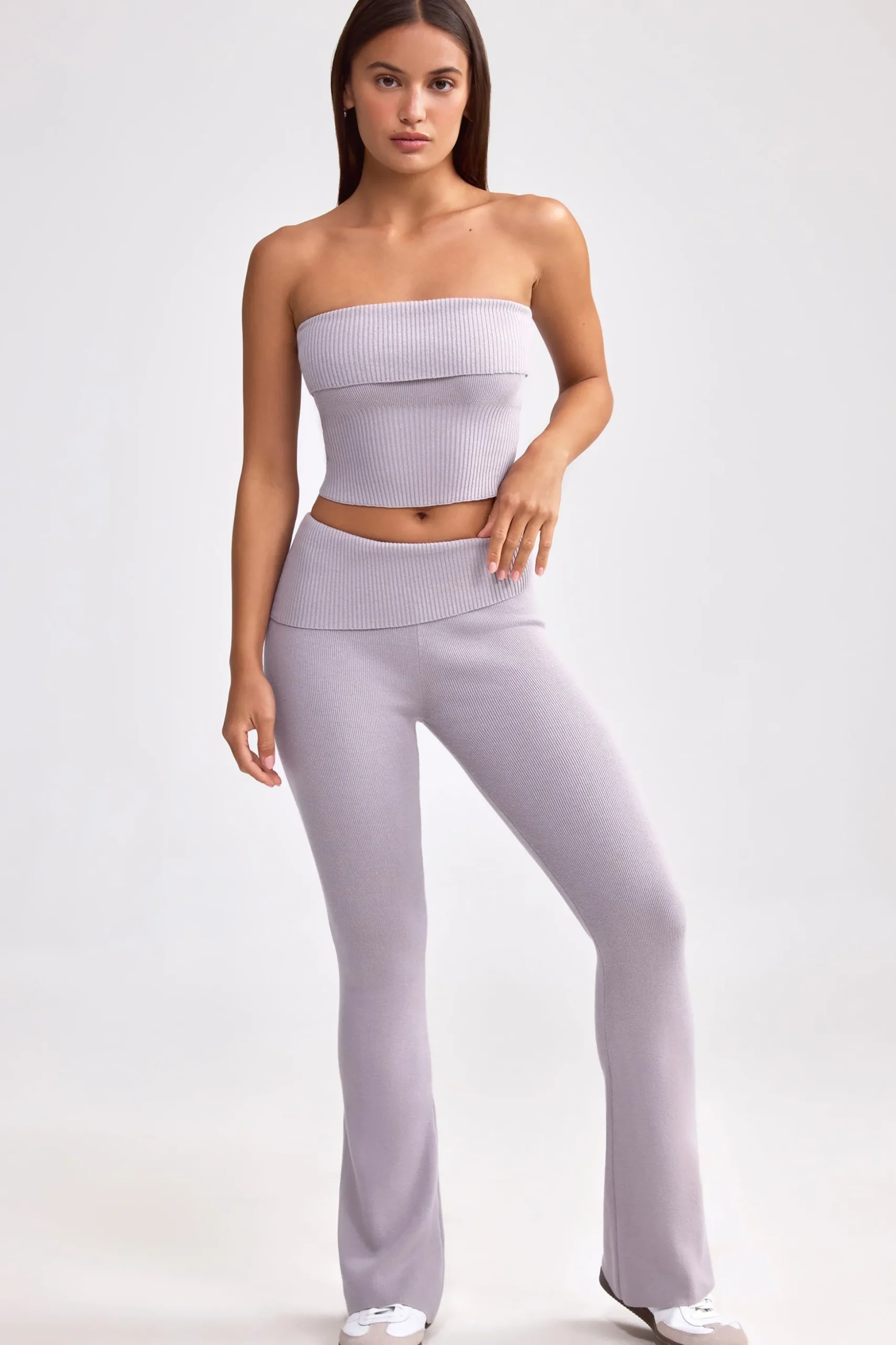 Oh Polly Petite^Petite Fold Over Kick Flare Chunky Knit Trousers in Dusty Lavender DustyLavender