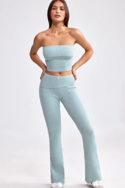 Oh Polly Petite^Petite Fold Over Kick Flare Chunky Knit Trousers in Dusty Teal DustyTeal