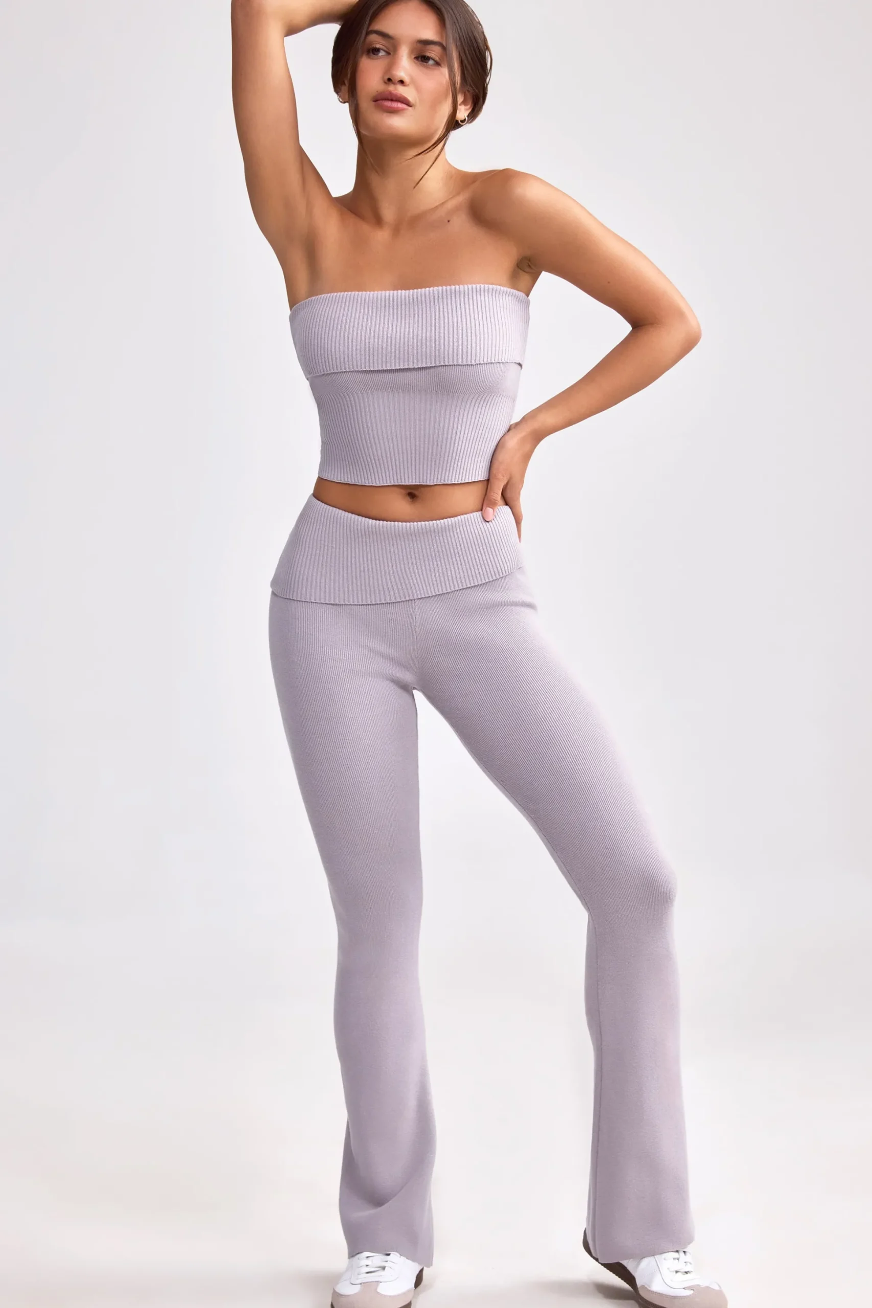 Oh Polly Petite^Petite Fold Over Kick Flare Chunky Knit Trousers in Dusty Lavender DustyLavender