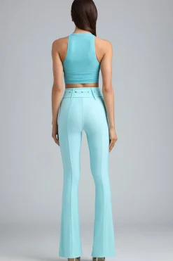 Oh Polly Women'S Clothing Sale - $65 And Under | Women'S Clothing Sale - $40 And Under^Petite Metallic Belted Mid-Rise Flared Trousers in Ice Blue IceBlue