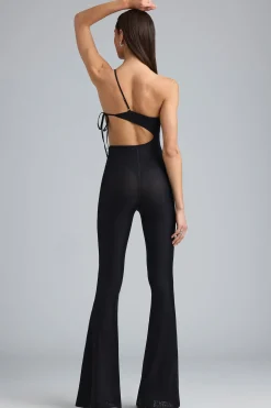 Oh Polly Women'S Clothing Sale - $65 And Under^Petite Metallic Ruched Cut-Out Flared Jumpsuit in Black