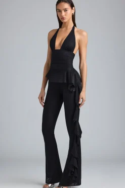 Oh Polly Women'S Clothing Sale - $65 And Under^Petite Metallic Ruffle Low-Rise Flared Trousers in Black