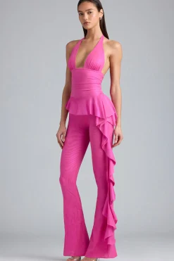 Oh Polly Women'S Clothing Sale - $65 And Under | Women'S Clothing Sale - $40 And Under^Petite Metallic Ruffle Low-Rise Flared Trousers in Bubblegum Pink BubblegumPink