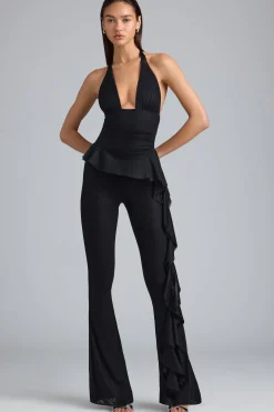 Oh Polly Women'S Clothing Sale - $65 And Under^Petite Metallic Ruffle Low-Rise Flared Trousers in Black