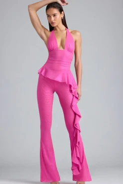 Oh Polly Women'S Clothing Sale - $65 And Under | Women'S Clothing Sale - $40 And Under^Petite Metallic Ruffle Low-Rise Flared Trousers in Bubblegum Pink BubblegumPink