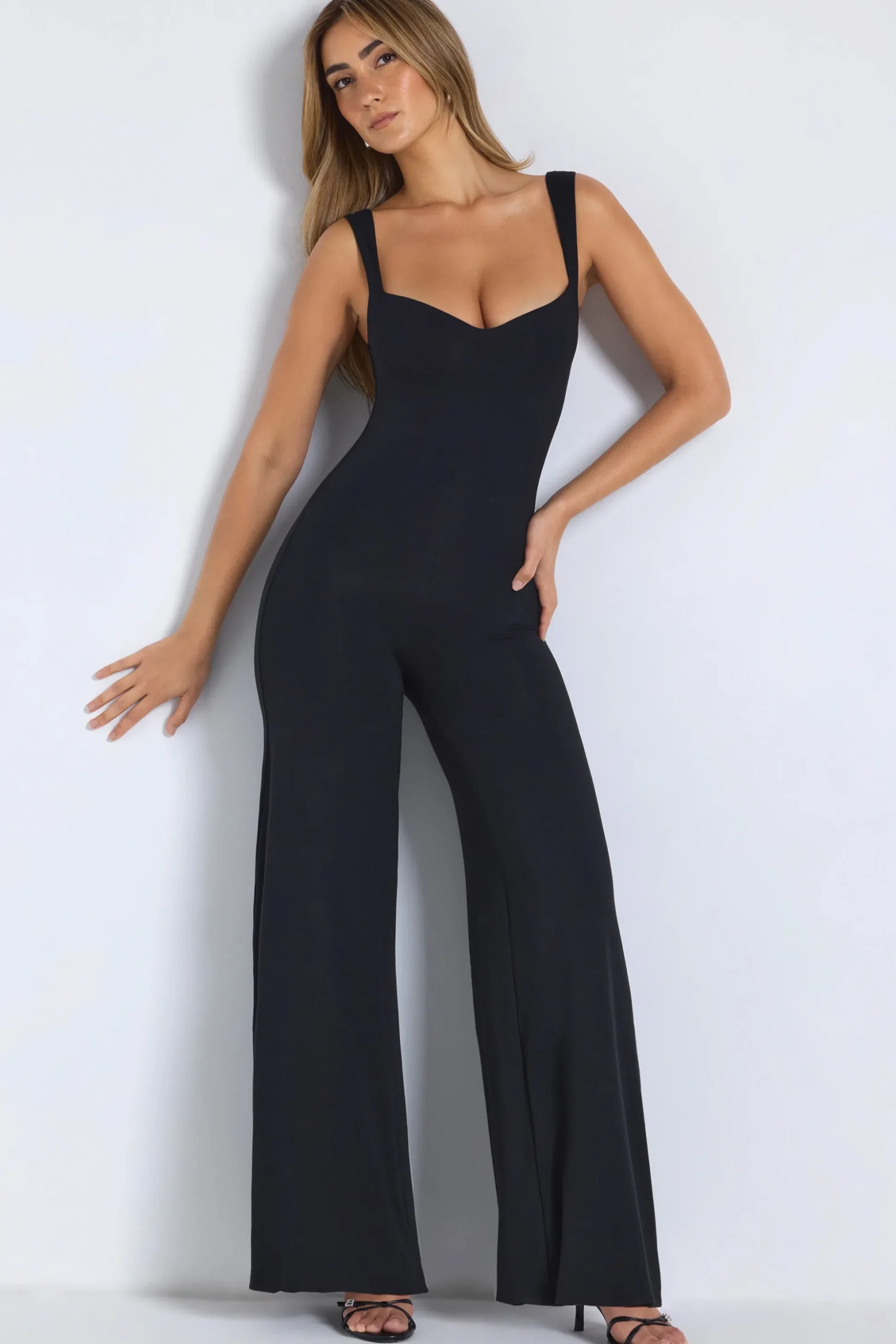 Oh Polly Fall Outfits^Petite Modal Sweetheart Neckline Wide Leg Jumpsuit in Black