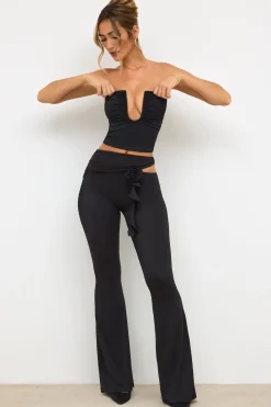 Oh Polly Women'S Clothing Sale - $65 And Under^Petite Premium Jersey Rose Detail Mid-Rise Flare Trousers in Black