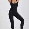 Oh Polly Elevated Essentials^Petite Ribbed Modal Lace-Trim Jumpsuit in Black