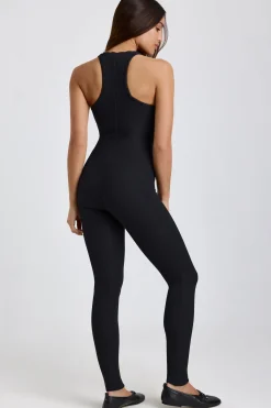 Oh Polly Elevated Essentials^Petite Ribbed Modal Lace-Trim Jumpsuit in Black
