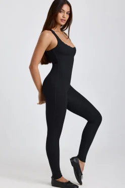 Oh Polly Elevated Essentials^Petite Ribbed Modal Lace-Trim Jumpsuit in Black