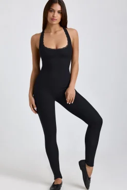 Oh Polly Elevated Essentials^Petite Ribbed Modal Lace-Trim Jumpsuit in Black