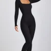 Oh Polly Elevated Essentials^Petite Ribbed Modal Long Sleeve Jumpsuit in Black