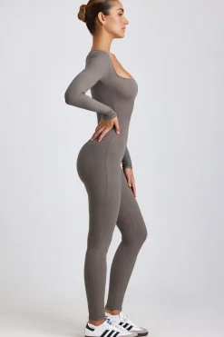 Oh Polly Elevated Essentials^Petite Ribbed Modal Long Sleeve Jumpsuit in Grey