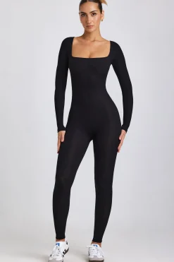 Oh Polly Elevated Essentials^Petite Ribbed Modal Long Sleeve Jumpsuit in Black