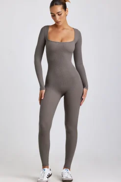Oh Polly Elevated Essentials^Petite Ribbed Modal Long Sleeve Jumpsuit in Grey