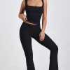 Oh Polly Elevated Essentials^Petite Ribbed Modal Mid-Rise Foldover Flared Trousers in Black