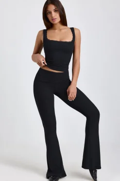Oh Polly Elevated Essentials^Petite Ribbed Modal Mid-Rise Foldover Flared Trousers in Black