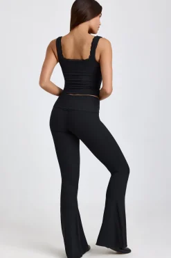 Oh Polly Elevated Essentials^Petite Ribbed Modal Mid-Rise Foldover Flared Trousers in Black