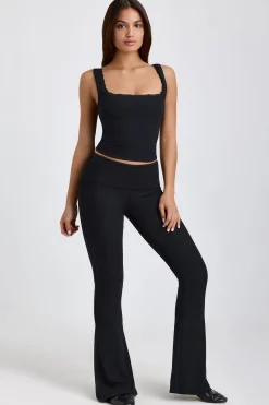 Oh Polly Elevated Essentials^Petite Ribbed Modal Mid-Rise Foldover Flared Trousers in Black