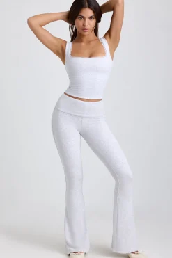 Oh Polly Elevated Essentials^Petite Ribbed Modal Mid-Rise Foldover Flared Trousers in Grey
