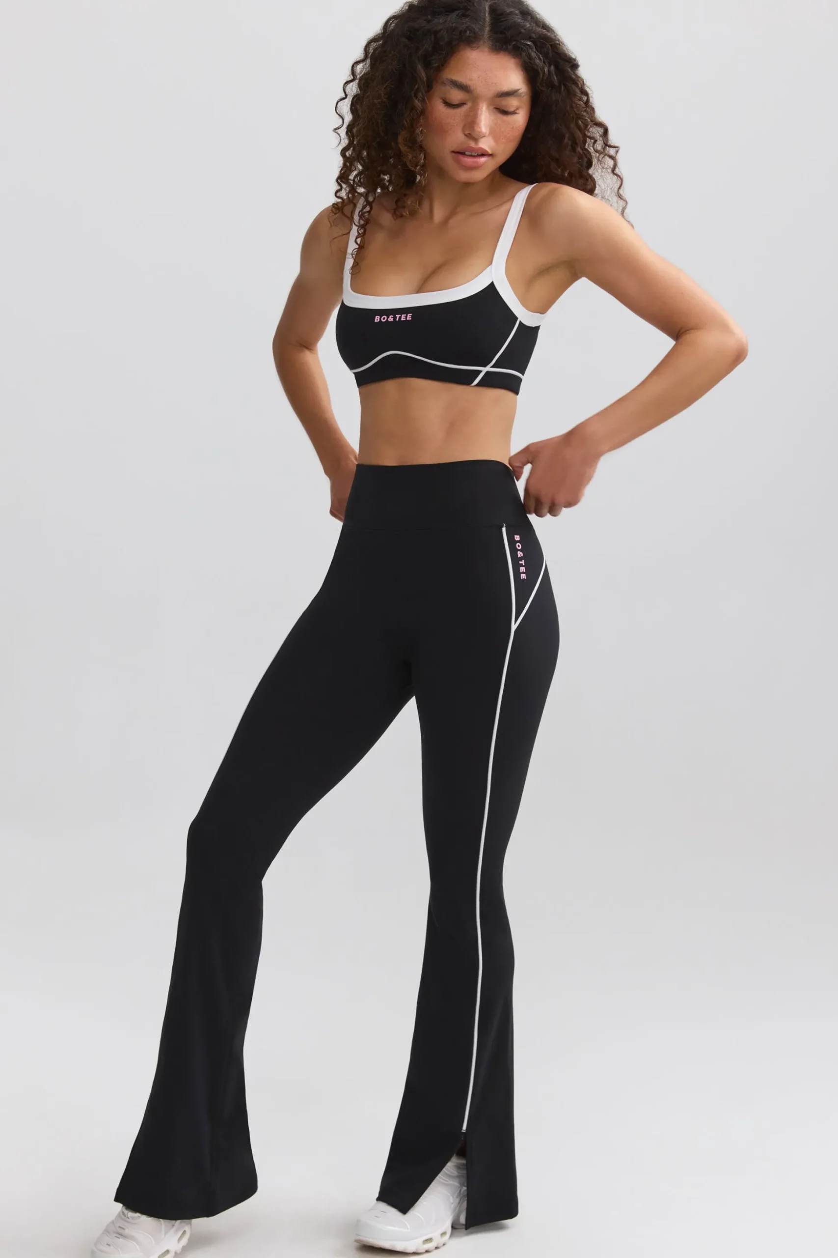 Oh Polly Petite^Petite Soft Active Contrast-Trim Flared Trousers in Black