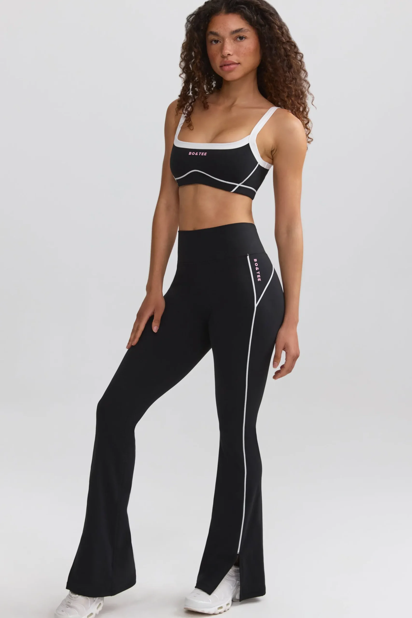 Oh Polly Petite^Petite Soft Active Contrast-Trim Flared Trousers in Black