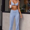Oh Polly Women'S Clothing Sale - $65 And Under^Petite Soft Rib High Waist Wide Leg Fold Over Trousers in Soft Blue SoftBlue