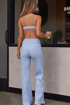 Oh Polly Women'S Clothing Sale - $65 And Under^Petite Soft Rib High Waist Wide Leg Fold Over Trousers in Soft Blue SoftBlue