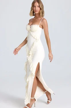 Oh Polly Bride To Be^Plissé Ruffle-Trim Maxi Dress in Ivory