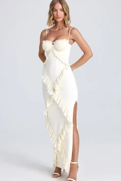 Oh Polly Bride To Be^Plissé Ruffle-Trim Maxi Dress in Ivory