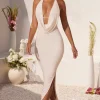 Oh Polly Bride To Be | Mesh Dresses^Plunge Cowl Neck Floor Length Dress in Ivory