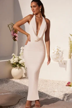 Oh Polly Bride To Be | Mesh Dresses^Plunge Cowl Neck Floor Length Dress in Ivory