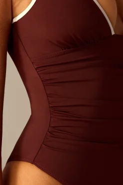 Oh Polly Swimsuits^Plunge Neck Cheeky One Piece in Brown