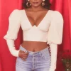 Oh Polly Women'S Clothing Sale - $65 And Under | Women'S Clothing Sale - $40 And Under^Plunge Neck Puff Sleeve Crop Top in Oyster White