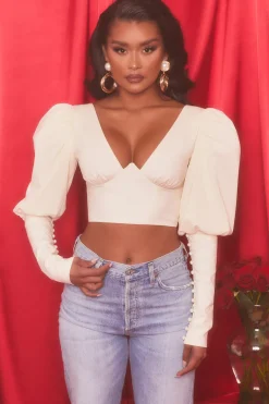 Oh Polly Women'S Clothing Sale - $65 And Under | Women'S Clothing Sale - $40 And Under^Plunge Neck Puff Sleeve Crop Top in Oyster White