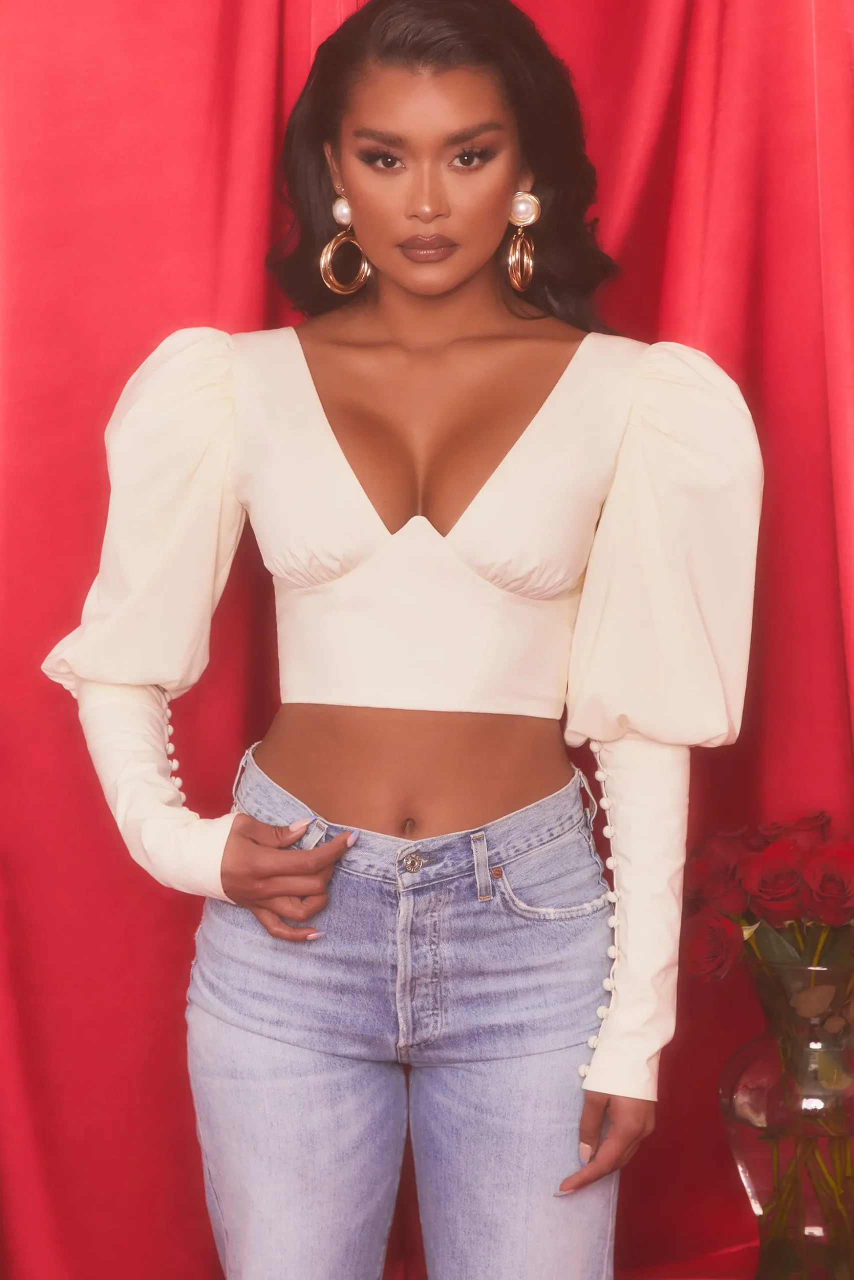 Oh Polly Women'S Clothing Sale - $65 And Under | Women'S Clothing Sale - $40 And Under^Plunge Neck Puff Sleeve Crop Top in Oyster White
