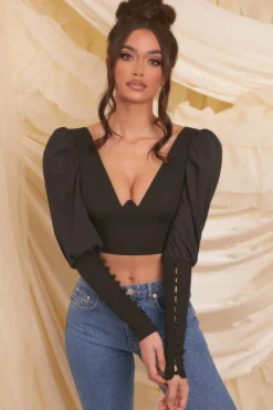 Oh Polly Women'S Clothing Sale - $65 And Under | Women'S Clothing Sale - $40 And Under^Plunge Neck Puff Sleeve Crop Top in Black